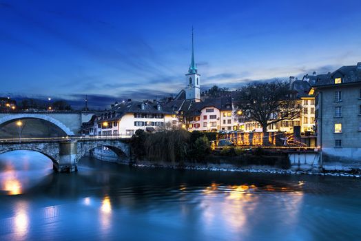 A view of the lower end of old town Bern, Switzerland in the evening.