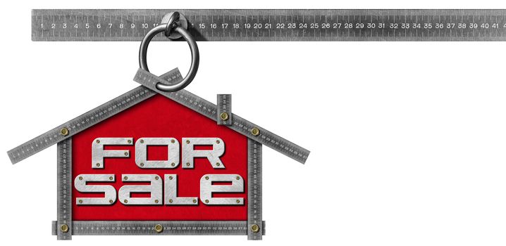 Grey metallic meter ruler in the shape of house with text for sale. For sale real estate sign isolated on white background