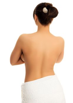 woman wearing towel, white background, isolated, copyspace