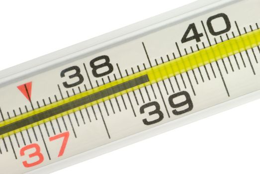 Thermometer (shows high temperature). A scale and figures. Isolated over white.