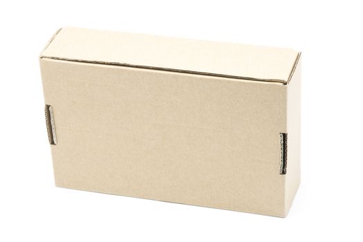 Recycle cardboard box package, side view, isolated on white background