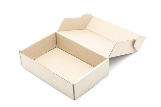 Recycle cardboard box package, open inside view, isolated on white background