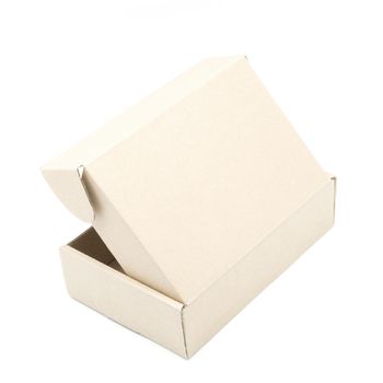 Recycle cardboard box package, upside view, isolated on white background