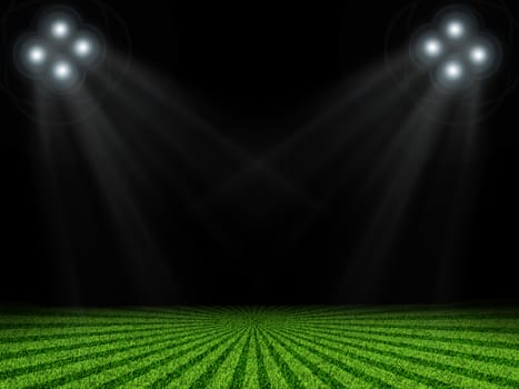 Abstract background is green grass, stripes at bottom and spotlights. Set your object in center