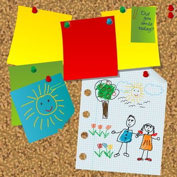 Cork board with paper notes and children pictures