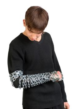 Teenager with a Chain on the Hand Isolated on the White Background