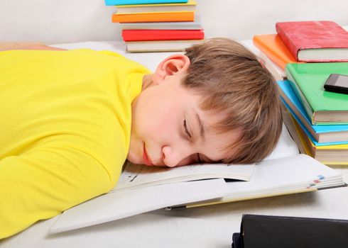 Tired Kid sleep with the Books on the Bed