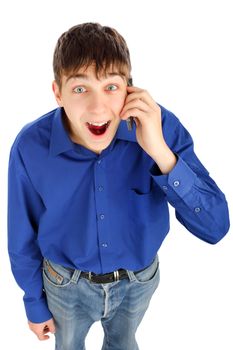Surprised Teenager with Cellphone on the White Background