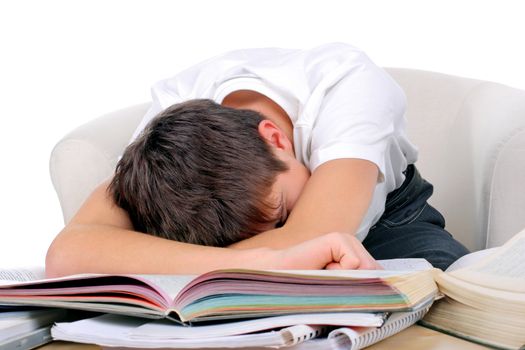 Tired Student sleep on the School Desk on the White Background