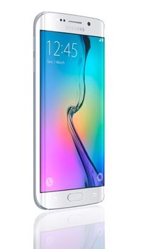 Galati, Romania - March 23, 2015: Samsung Galaxy S6 Edge is the first device with dual-curved glass display. The Samsung Galaxy S6 and Galaxy S6 Edge was launched at a press event in Barcelona on March 1 2015. Galaxy S6 has Quad HD Super AMOLED, 2560x1440, 577 PPI, Lightning-fast 64 bit and Octa-core processor.
