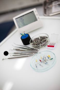 Dental instruments and tools in a dentists office