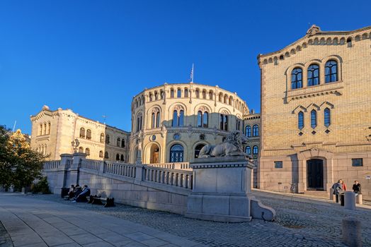 OSLO, NORWAY - OCTOBER 12: Stortinget, Norwegian parliament facade on October 12, 2013 in Oslo, Norway. The building was designed by the Swedish architect Emil Victor Langlet and has been used by legislature since March 5, 1866.