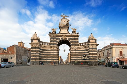 CATANIA, ITALY - APRIL 14: The arch Giuseppe Garibaldi (initially called port Ferdinandea ) of Catania , is a triumphal arch built in 1768. Pictured on April 14, 2014.