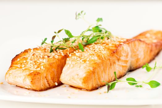 Grilled salmon, sesame seeds  and marjoram on white plate. Studio shot