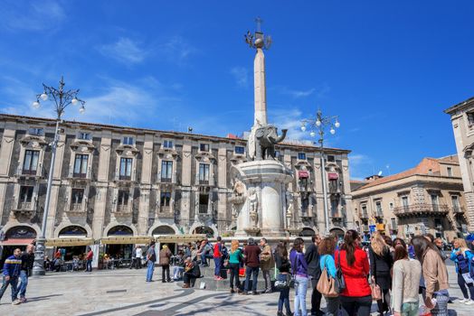 CATANIA, ITALY - APRIL 15: The famous elephant statue on April 15, 2014. The symbol of the city u Liotru, or the Fontana dell'Elefante, assembled in 1736 by Giovanni Battista Vaccarini