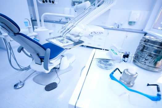 Dental office, equipment, bright colorful tone concept