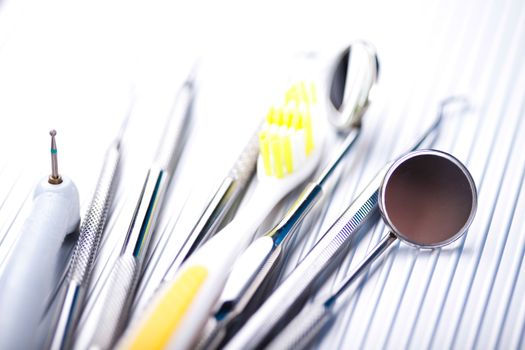 Close-up Dental Instruments, bright colorful tone concept