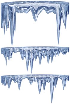 set of hanging thawing and melting blue dripping icicles, as a shiny crystal glass, with crisp spikes in icy winter season time from freezer make around arctic frost with icing on the scene