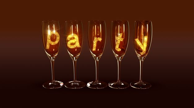 A few glasses with the text "party" on a brown background as a symbol of the best parties