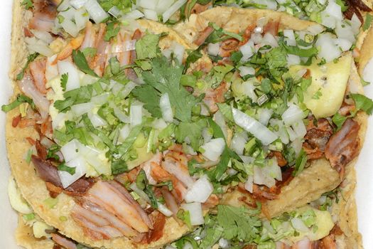 Authentic mexican tacos made of pork meat, pineapple, onion, cilantro and sauce on a corn tortilla, from Mexican traditional cuisine