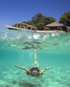 Collage with Woman Diving to Underwater and Sail Boat on Water Surface