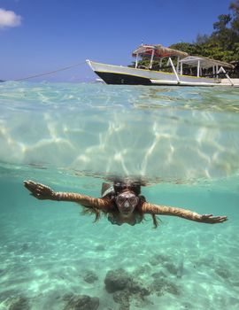 Collage with Woman Diving to Underwater and Sail Boat on Water Surface