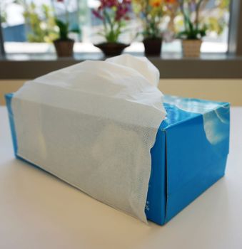 Blue tissue box has white toilet paper inside, placed on table in office.                               