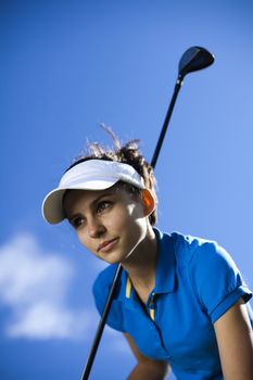 Girl playing golf, bright colorful vivid theme