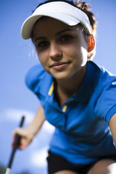 Girl playing golf, bright colorful vivid theme