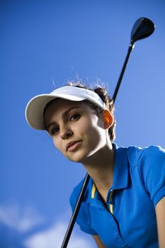 Young woman playing golf, bright colorful vivid theme