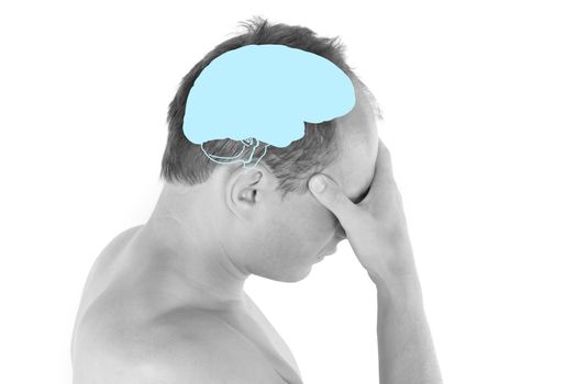 Handsome guy touching his head with brain illustration. Stress, migraine, mind, brain, depression, headache.