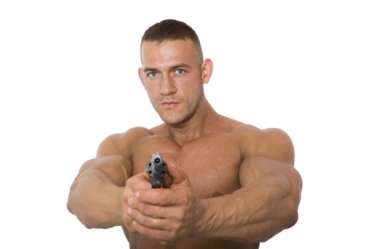 Young man with a gun, isolated on a white background.