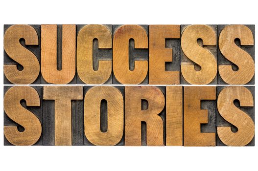 success stories word abstract in vintage letterpress wood type