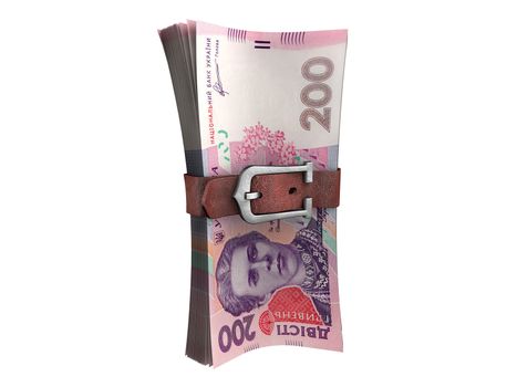 Stack of ukrainian money with leather belt. Crisis concept 3d illustration.