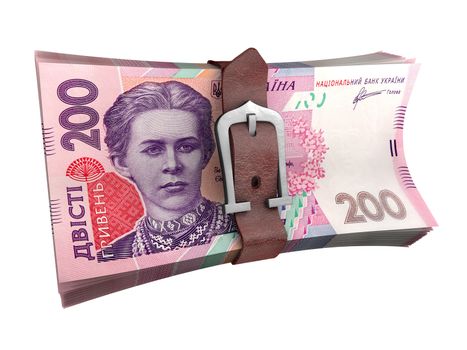 Stack of ukrainian money with leather belt. Crisis concept 3d illustration.