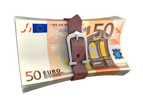 Stack of euro money with leather belt. Crisis concept 3d illustration.