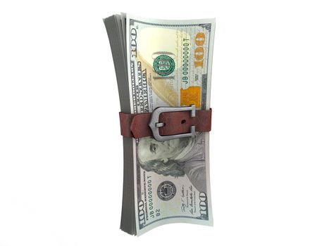 Stack of dollars with leather belt. Crisis concept 3d illustration.