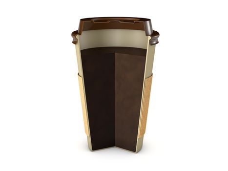 Takeaway coffee cup section with lid and coffe inside isolated