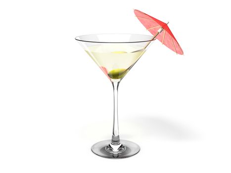 Martini glass with green olive and red cocktail umbrella Isolated on white background