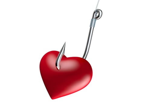 Red heart on the fishing hook isolated on white