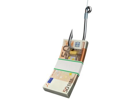 Stack of euro money on the fishing hook isolated on white