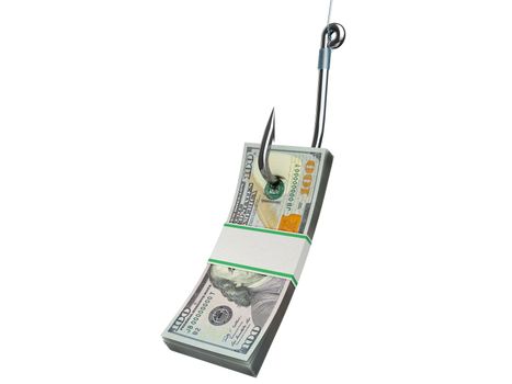 Stack of dollars on the fishing hook isolated on white