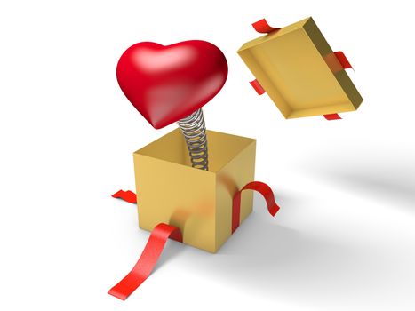 Surprise. The red heart jumps out of a golden gift box on a spring