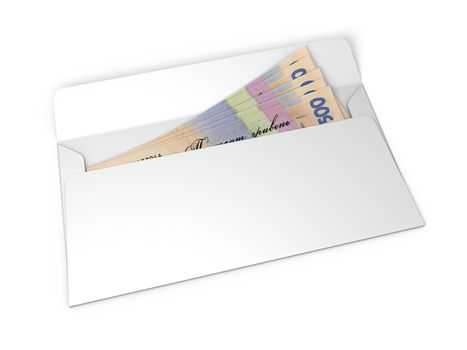 Bribe money in an envelope isolated on white background