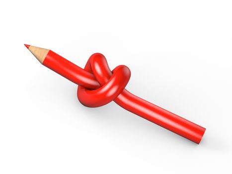 Red pencil tied in a knot on a white background