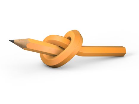 Orange pencil tied in a knot on a white background