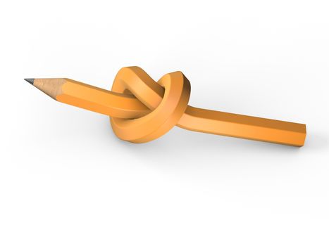 Orange pencil tied in a knot on a white background