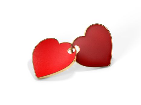 The fastened together red hearts isolated on white