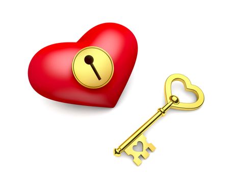 Heart with keyhole and golden key isolated on white