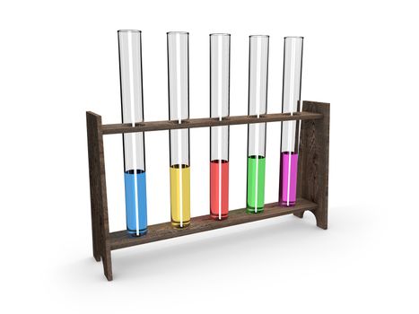 Test-tubes in wooden container with colorful fluid isolated on white